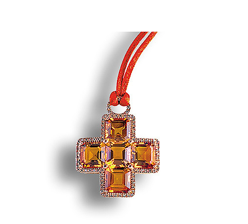 Collier Kreuz aus Rotgold mit Diamanten und Citrin
