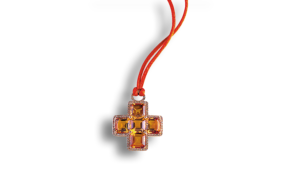 Collier Anhänger Kreuz aus Rotgold mit Diamanten und Citrinen von Juwelier Wilm Hamburg