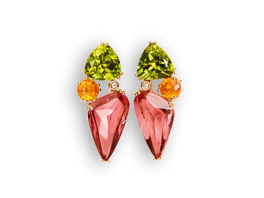 Peridot Ohrringe mit Mandaringranaten,heiderosa Turmalinen und Diamanten in Hamburg kaufen, bei Juwelier Wilm, Ballindamm